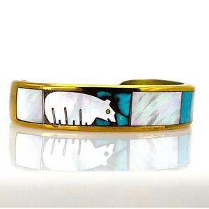 Vintage Bronze‎ Turquoise Mother Of Pearl  Inlay White Bear 6" Cuff Bracelet